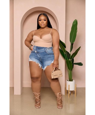 Women's Plus Size High Waisted Crossover Jean Shorts Ripped Raw Hem Summer Hot Denim Shorts Light Blue $21.23 Shorts