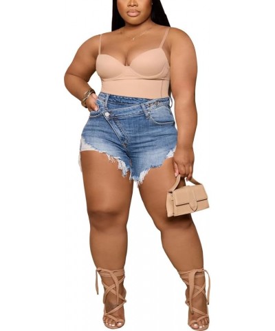 Women's Plus Size High Waisted Crossover Jean Shorts Ripped Raw Hem Summer Hot Denim Shorts Light Blue $21.23 Shorts