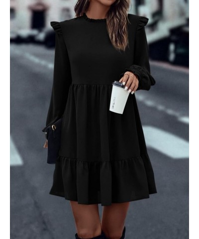 Women's Casual Long Sleeve Ruffle Hem Dress Round Neck High Waist A Line Mini Dresses Black $19.80 Dresses