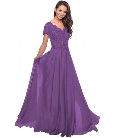 Short Sleeves Mother of The Bride Dresses Laces Mother of The Groom Dress A-line V-Neck Formal Evening Gowns for Women Purple...