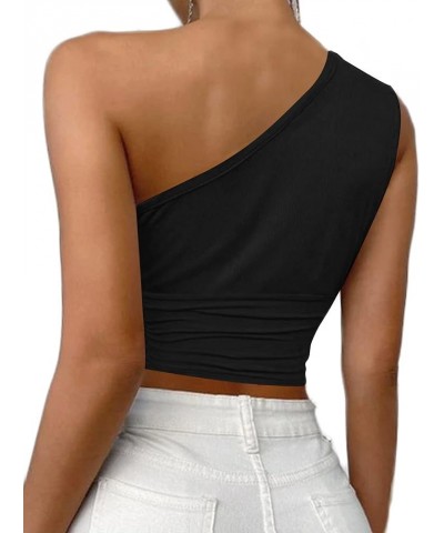 Women's Ribbed Knit One Shoulder Sleeveless Ruched Sexy Cami Crop Top Solid Black $12.53 Tanks