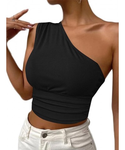 Women's Ribbed Knit One Shoulder Sleeveless Ruched Sexy Cami Crop Top Solid Black $12.53 Tanks