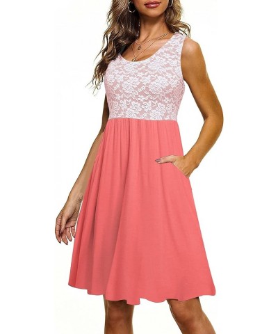 Women Summer Casual Floral Lace Sleeveless Dress Knee Length Swing Flare Tank Dresses with Pockets Coralpink $19.43 Dresses