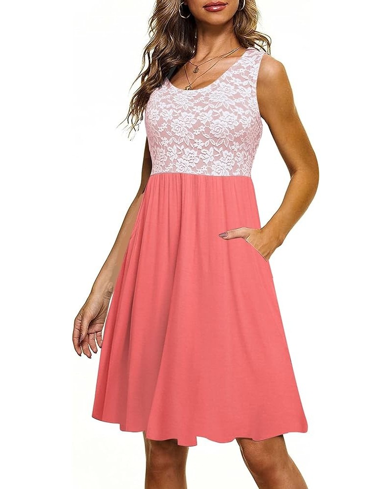 Women Summer Casual Floral Lace Sleeveless Dress Knee Length Swing Flare Tank Dresses with Pockets Coralpink $19.43 Dresses