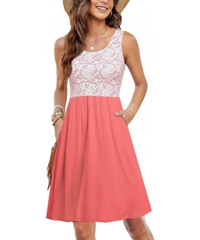 Women Summer Casual Floral Lace Sleeveless Dress Knee Length Swing Flare Tank Dresses with Pockets Coralpink $19.43 Dresses