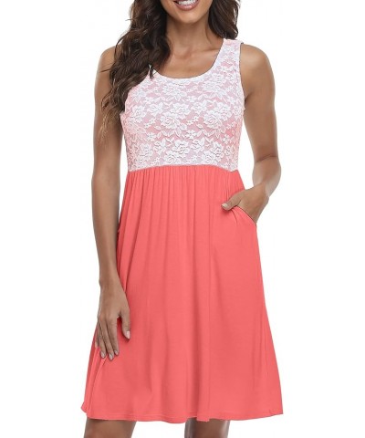 Women Summer Casual Floral Lace Sleeveless Dress Knee Length Swing Flare Tank Dresses with Pockets Coralpink $19.43 Dresses