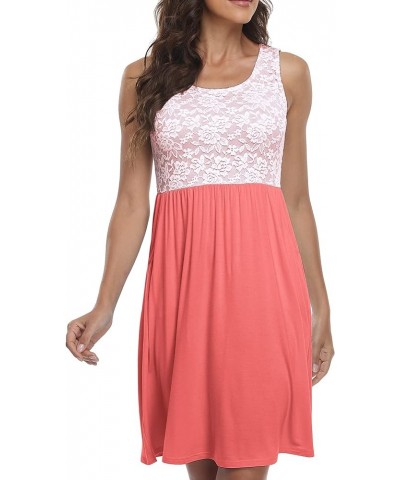 Women Summer Casual Floral Lace Sleeveless Dress Knee Length Swing Flare Tank Dresses with Pockets Coralpink $19.43 Dresses