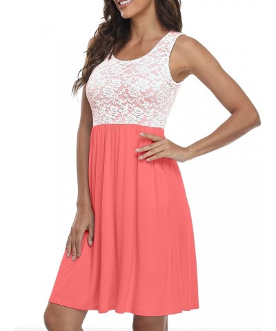 Women Summer Casual Floral Lace Sleeveless Dress Knee Length Swing Flare Tank Dresses with Pockets Coralpink $19.43 Dresses