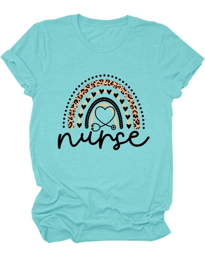 Womens Casual Short Sleeve Round Neck T-Shirt Loose Funny Nurse Letter Graphic Tee Tops Novelty Nurse Gift Tops A-aqua Blue $...