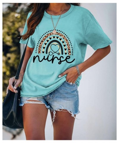 Womens Casual Short Sleeve Round Neck T-Shirt Loose Funny Nurse Letter Graphic Tee Tops Novelty Nurse Gift Tops A-aqua Blue $...