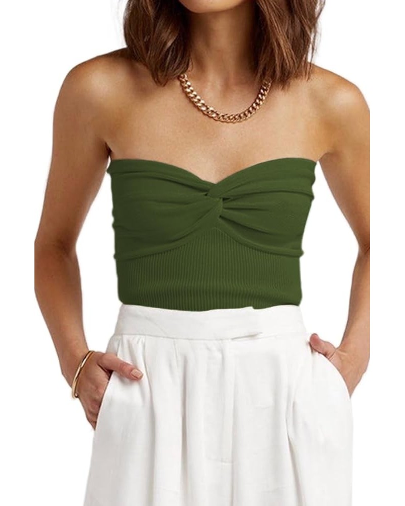 Womens Strapless Crop Top Sexy Twist Knot Front Solid Ribbed Knit Tube Top Sleeveless Camisole Tanks Top Cf-armygreen $11.59 ...