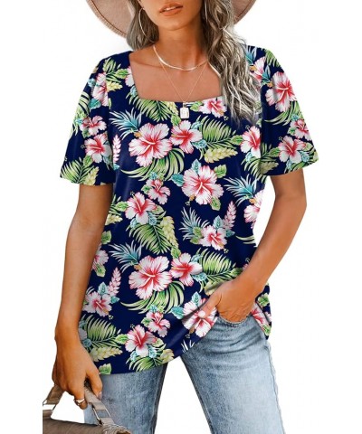 Womens Summer Tops Casual Square Neck Puff Short Sleeve T Shirts 6-tropical Navy $12.50 T-Shirts