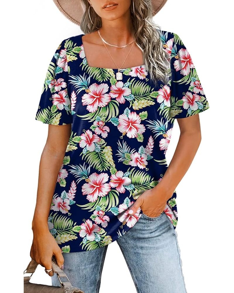 Womens Summer Tops Casual Square Neck Puff Short Sleeve T Shirts 6-tropical Navy $12.50 T-Shirts