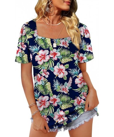 Womens Summer Tops Casual Square Neck Puff Short Sleeve T Shirts 6-tropical Navy $12.50 T-Shirts