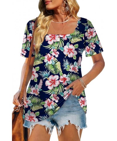 Womens Summer Tops Casual Square Neck Puff Short Sleeve T Shirts 6-tropical Navy $12.50 T-Shirts