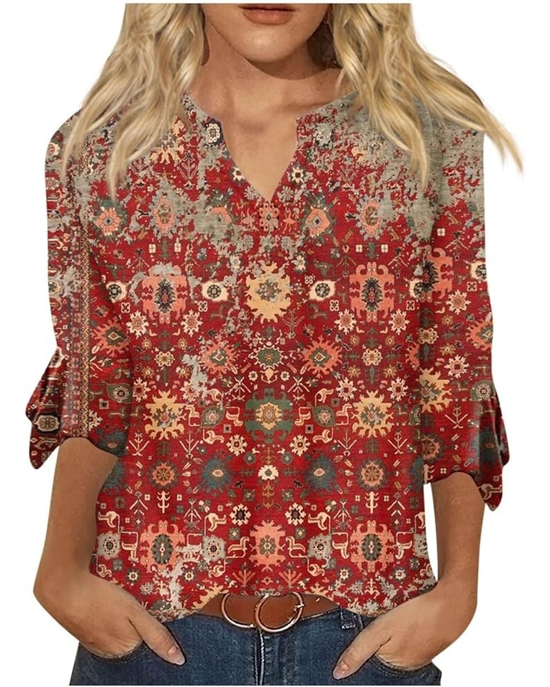 Women Tops and Blouses Summer 3/4 Sleeves Shirt Cute Floral Printed T Shirt Casual Loose Comfy Notch V Neck Tees 1-red $5.64 ...