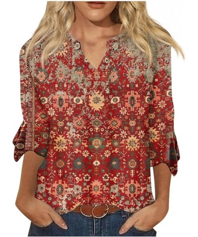 Women Tops and Blouses Summer 3/4 Sleeves Shirt Cute Floral Printed T Shirt Casual Loose Comfy Notch V Neck Tees 1-red $5.64 ...