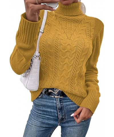 Women Casual Turtleneck Long Sleeve Sweater Cable Knit Pullover Solid Slim Fit Sweater Turtleneck Tops Yellow $23.99 Sweaters