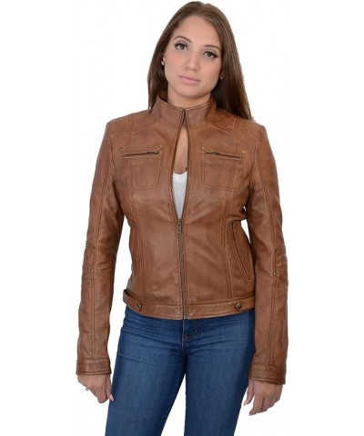 SFL2800 Women's 'Racer' Black Stand Up Collar Motorcycle Fashion Leather Jacket Whiskey $41.85 Coats