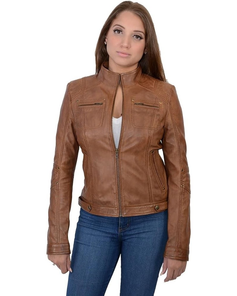 SFL2800 Women's 'Racer' Black Stand Up Collar Motorcycle Fashion Leather Jacket Whiskey $41.85 Coats