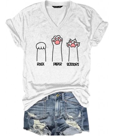 Rock Paper Scissors Cat Paw Print Funny Cat Shirts for Women Graphic Tees White $13.45 Tops