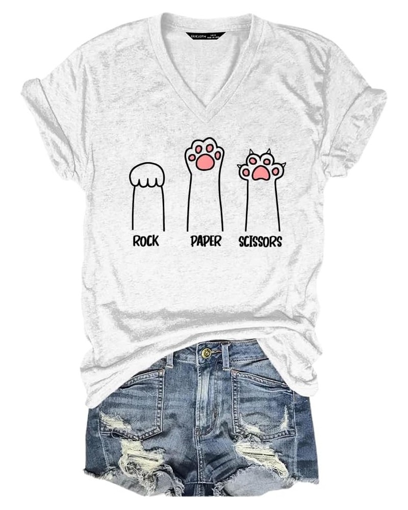 Rock Paper Scissors Cat Paw Print Funny Cat Shirts for Women Graphic Tees White $13.45 Tops