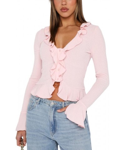 Women Y2k Long Sleeve Crop Tops Button Front Shirt Ruffle Cardigan Fitted Shirt Club Streetwear Aesthetic Blouse Pink $8.90 B...