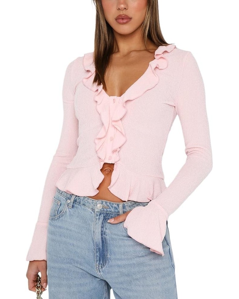 Women Y2k Long Sleeve Crop Tops Button Front Shirt Ruffle Cardigan Fitted Shirt Club Streetwear Aesthetic Blouse Pink $8.90 B...