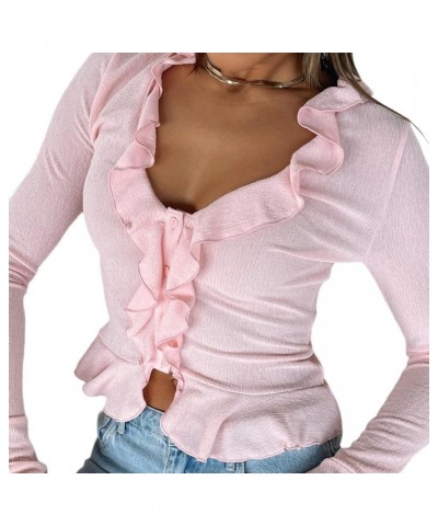 Women Y2k Long Sleeve Crop Tops Button Front Shirt Ruffle Cardigan Fitted Shirt Club Streetwear Aesthetic Blouse Pink $8.90 B...