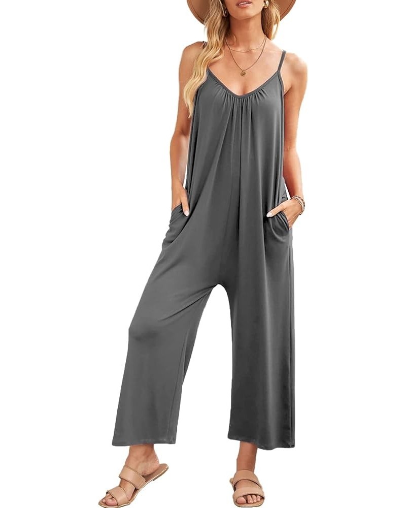 Womens Casual Spaghetti Strap Jumpsuits Wide Leg Pant Rompers with Pockets 01-grey $14.40 Jumpsuits