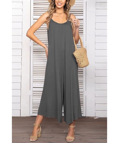 Womens Casual Spaghetti Strap Jumpsuits Wide Leg Pant Rompers with Pockets 01-grey $14.40 Jumpsuits