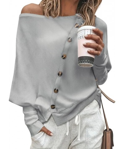 Off Shoulder Batwing Tops for Women Long Sleeve Asymmetrical Button Up Shirt Winter Grey $7.50 Blouses