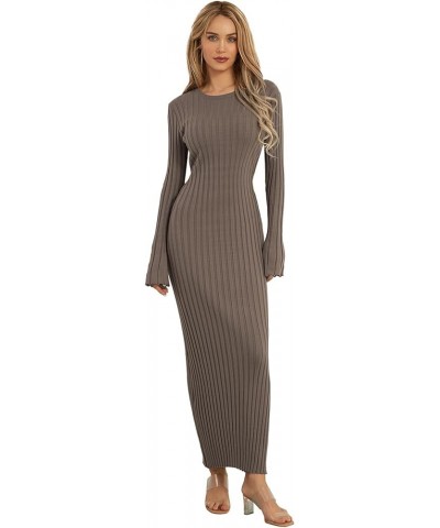 Women's Long Sleeve Bodycon Sweater Dress Solid Color Elegant Ribbed Knit Fall Midi Dresses Streetwear Clubwear Grayish Apric...