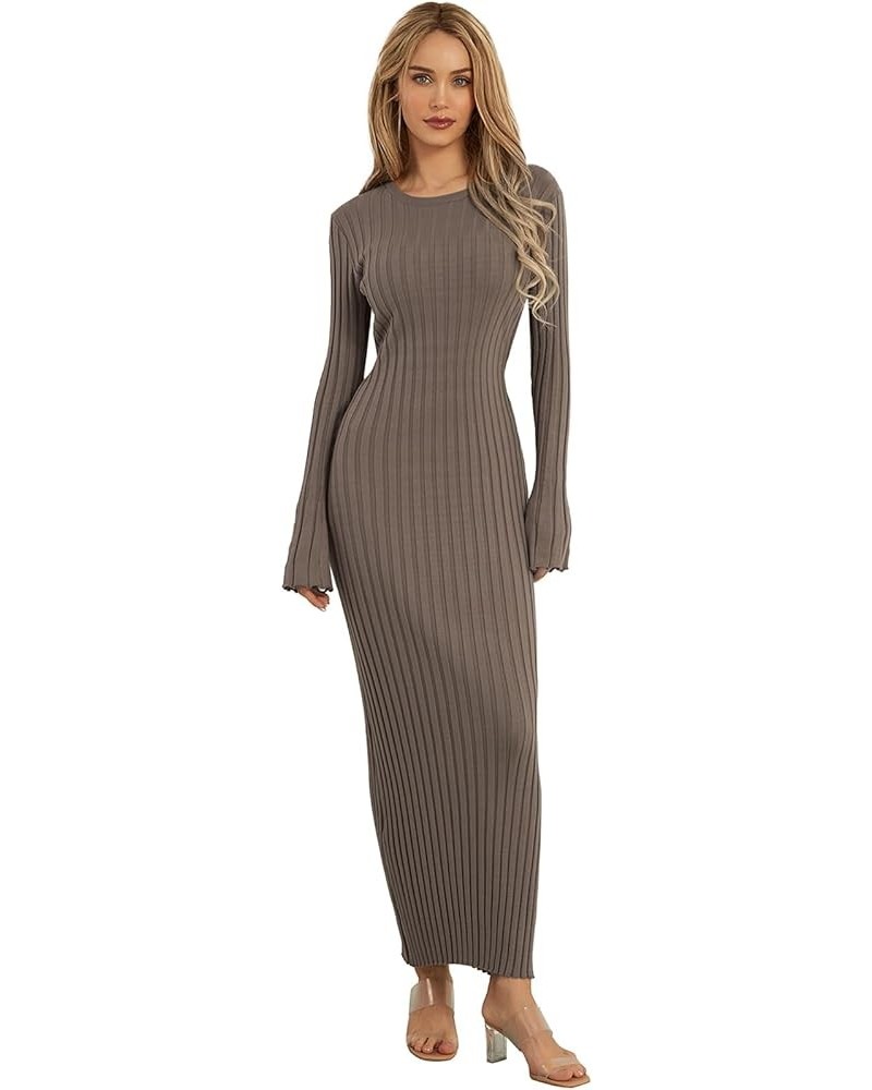 Women's Long Sleeve Bodycon Sweater Dress Solid Color Elegant Ribbed Knit Fall Midi Dresses Streetwear Clubwear Grayish Apric...