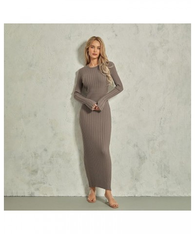 Women's Long Sleeve Bodycon Sweater Dress Solid Color Elegant Ribbed Knit Fall Midi Dresses Streetwear Clubwear Grayish Apric...