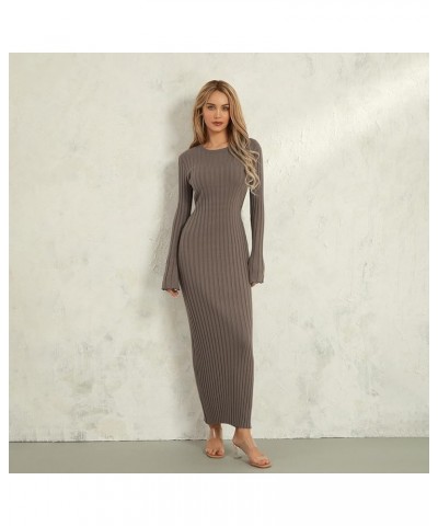 Women's Long Sleeve Bodycon Sweater Dress Solid Color Elegant Ribbed Knit Fall Midi Dresses Streetwear Clubwear Grayish Apric...