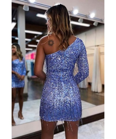 One Shoulder Homecoming Dresses with Sleeves Tight Short Prom Dress for Teens Sequin Cocktail Party Gown Navy Blue $26.46 Dre...