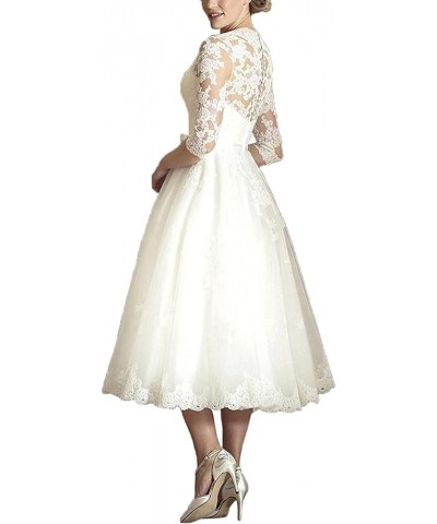 Lorderqueen Women's V Neck Long Sleeve Tea Length Wedding Dresses Lace Bridal Gown White $50.04 Dresses