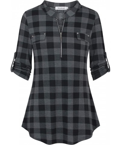 Women's 3/4 Sleeve Plaid Shirts Zip Floral Casual Tunic Blouse Tops Black Plaid $14.26 Blouses