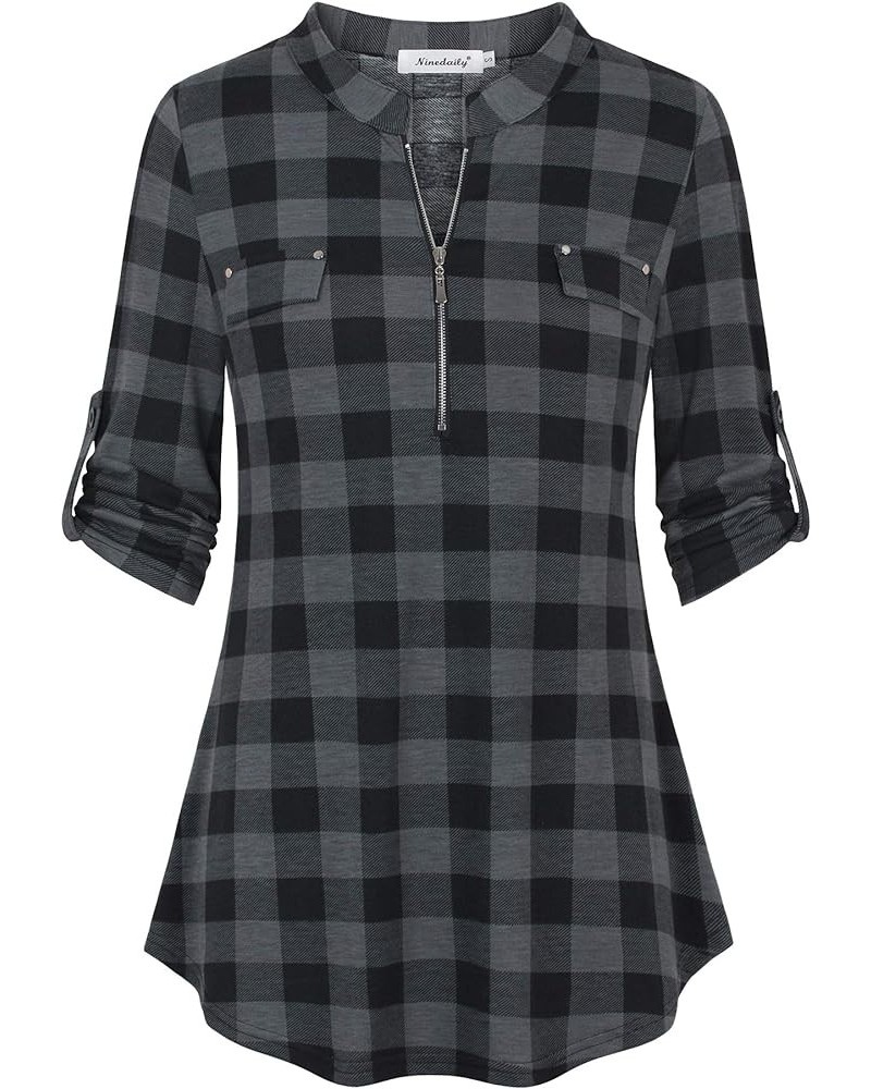 Women's 3/4 Sleeve Plaid Shirts Zip Floral Casual Tunic Blouse Tops Black Plaid $14.26 Blouses