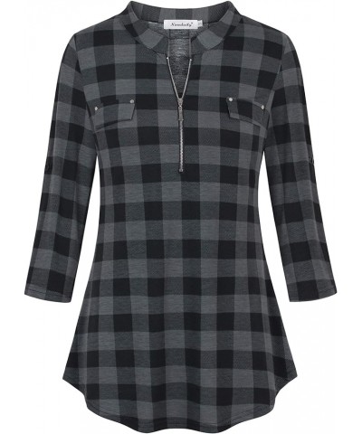 Women's 3/4 Sleeve Plaid Shirts Zip Floral Casual Tunic Blouse Tops Black Plaid $14.26 Blouses