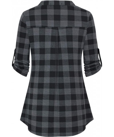 Women's 3/4 Sleeve Plaid Shirts Zip Floral Casual Tunic Blouse Tops Black Plaid $14.26 Blouses