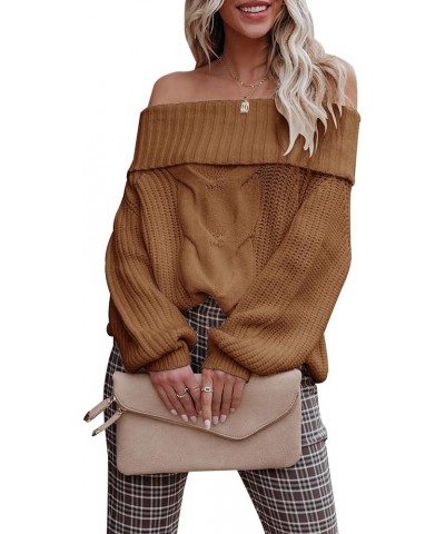 Women's Off Shoulder Sweater Casual Pullover Loose Fit Sweatshirt Long Sleeve Knitted Jumper Tops Five-brown $19.74 Sweaters