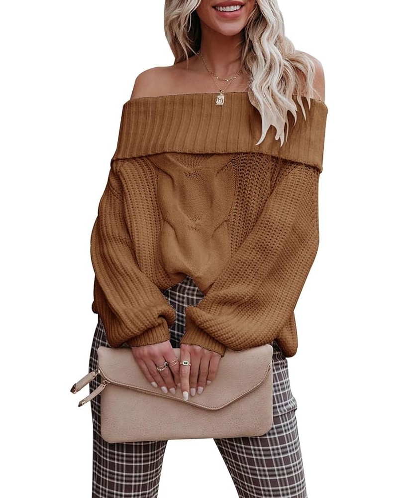 Women's Off Shoulder Sweater Casual Pullover Loose Fit Sweatshirt Long Sleeve Knitted Jumper Tops Five-brown $19.74 Sweaters