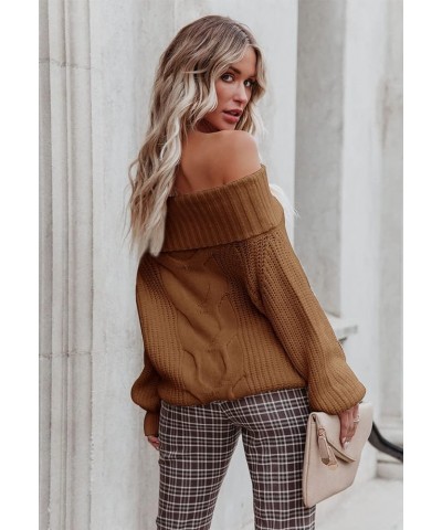 Women's Off Shoulder Sweater Casual Pullover Loose Fit Sweatshirt Long Sleeve Knitted Jumper Tops Five-brown $19.74 Sweaters