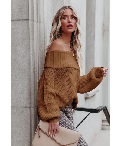 Women's Off Shoulder Sweater Casual Pullover Loose Fit Sweatshirt Long Sleeve Knitted Jumper Tops Five-brown $19.74 Sweaters