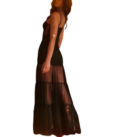 Women Y2k Spaghetti Strap Maxi Dress Vintage Lace Sheer Bodycon Long Dress See Through Sleeveless Backless Cover Up 23m23blac...