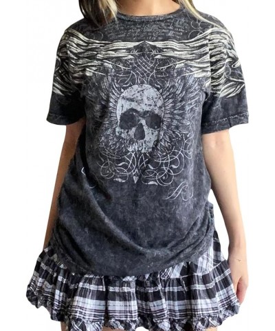 Women Y2K Harajuku Grunge T-Shirt Skull Graphic Short Sleeve Top Halloween Oversized Baggy Pullover Aesthetic Tee E Black Gre...