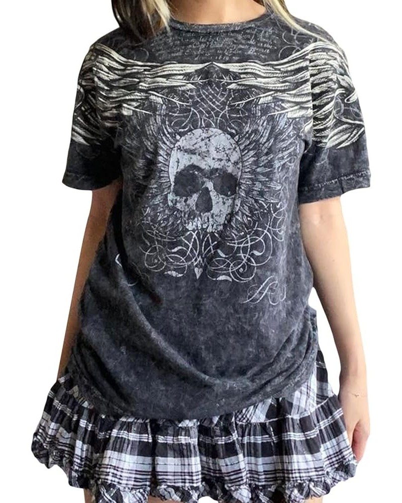 Women Y2K Harajuku Grunge T-Shirt Skull Graphic Short Sleeve Top Halloween Oversized Baggy Pullover Aesthetic Tee E Black Gre...