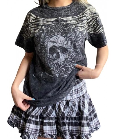 Women Y2K Harajuku Grunge T-Shirt Skull Graphic Short Sleeve Top Halloween Oversized Baggy Pullover Aesthetic Tee E Black Gre...